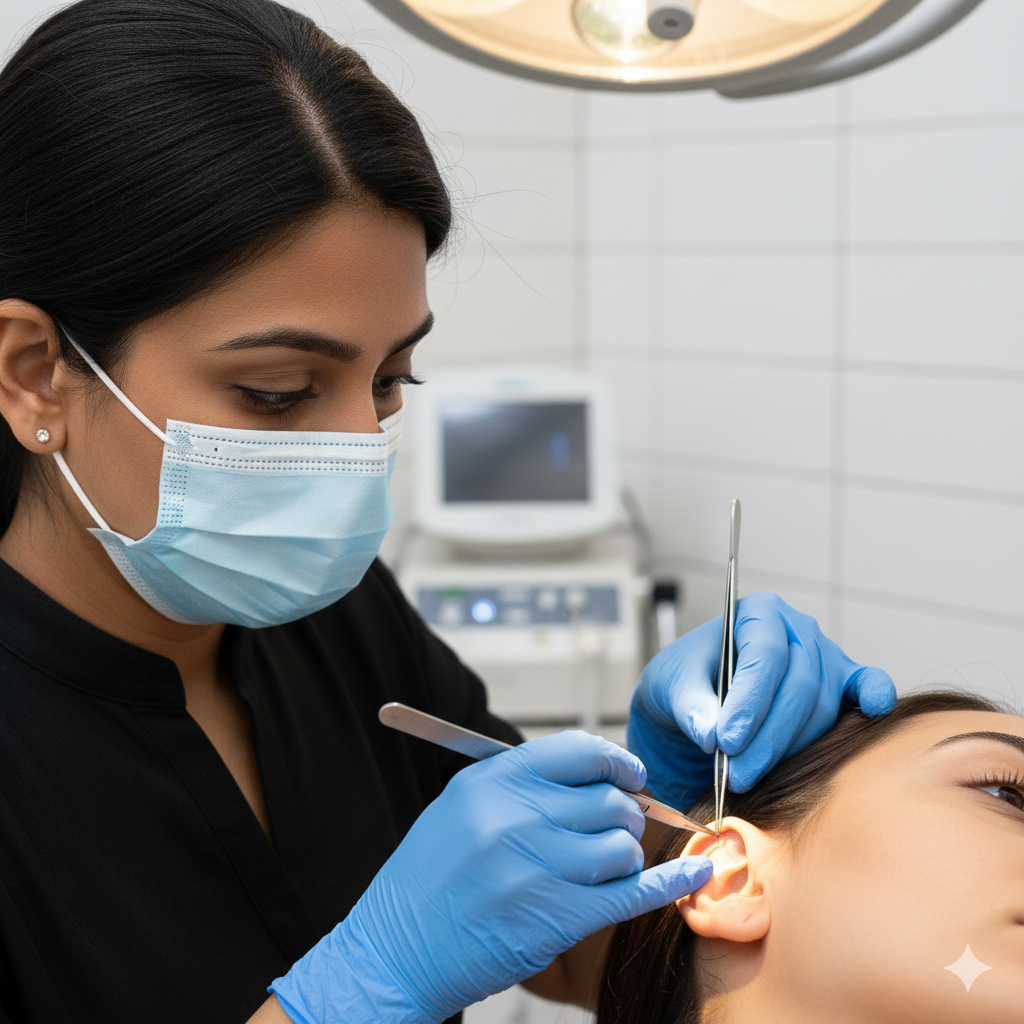 Dermatologist performing earlobe repair procedure