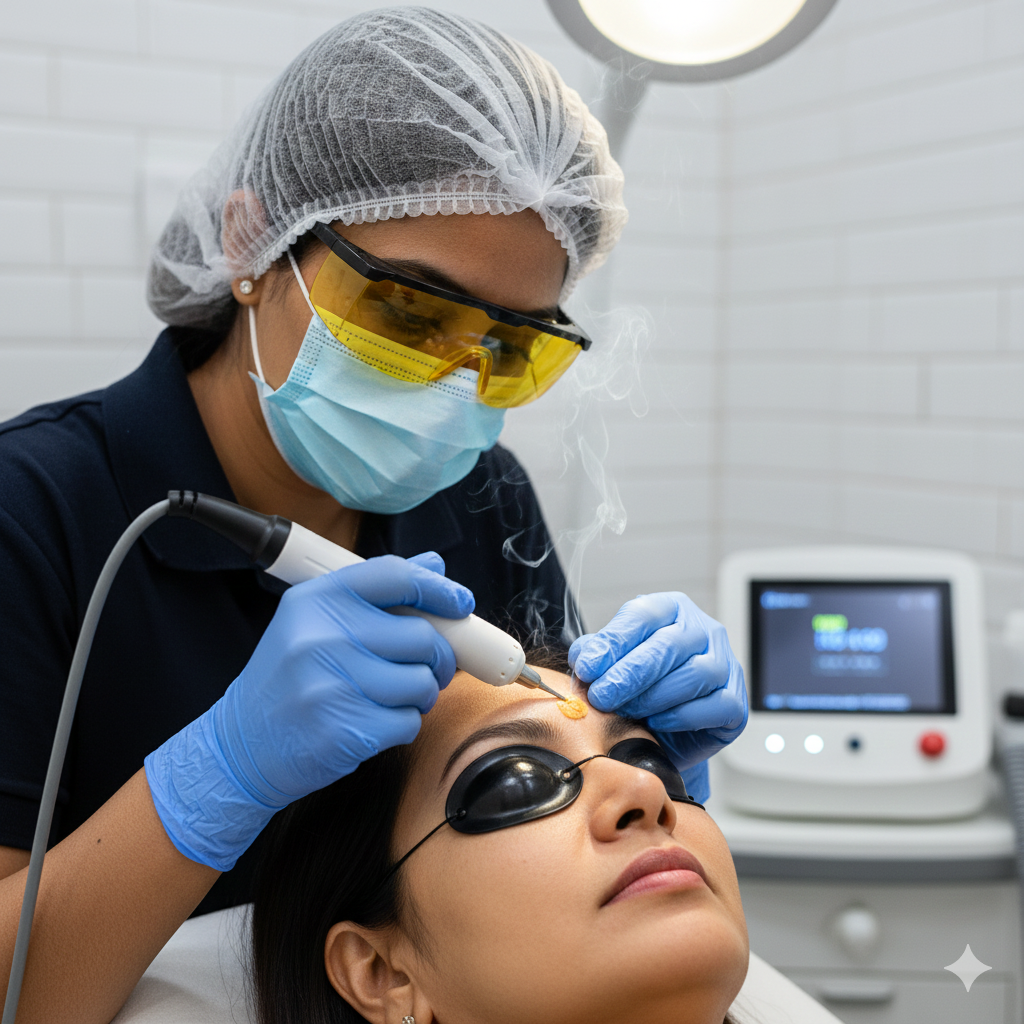 Dermatologist performing xanthelasma removal near eyelids