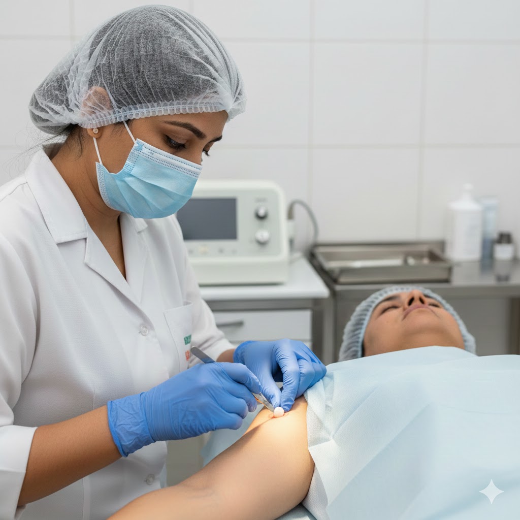Dermatologist performing keloid scar treatment in clinic
